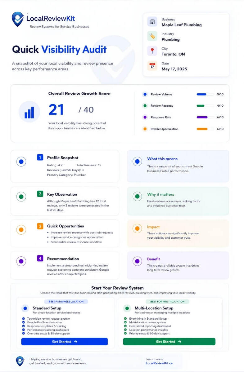 LocalReviewKit Quick Visibility Audit showing Google review performance and optimization opportunities