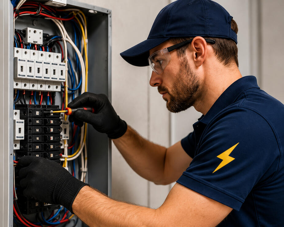 Electrician working on an electrical panel