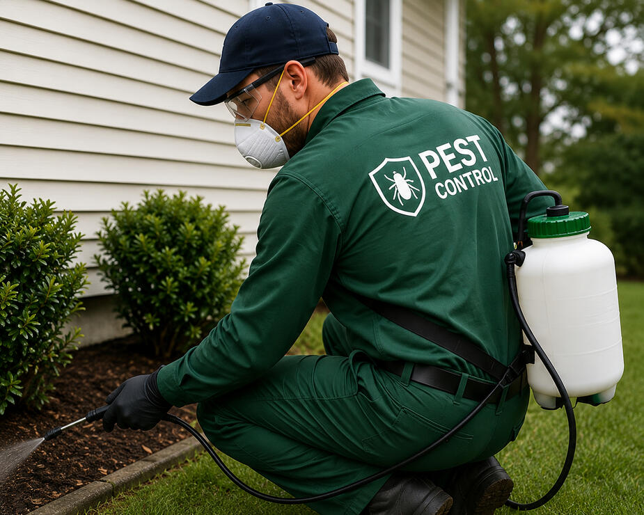 Pest control technician treating a home