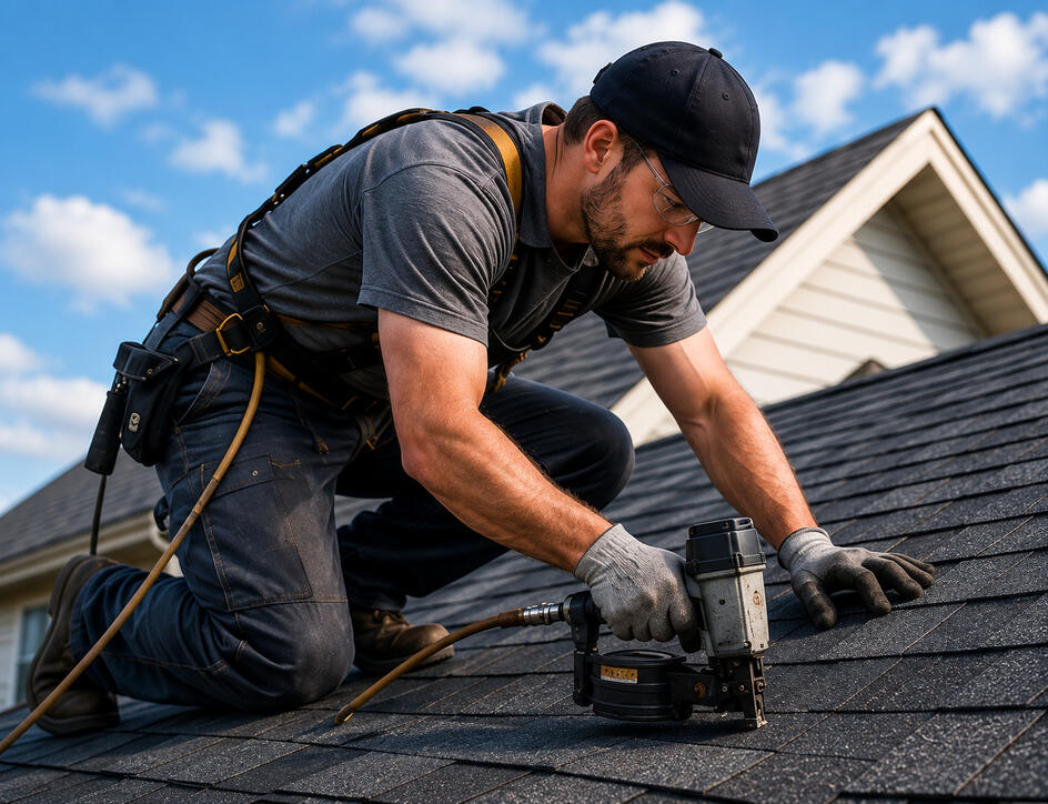 Roofing contractor repairing a roof