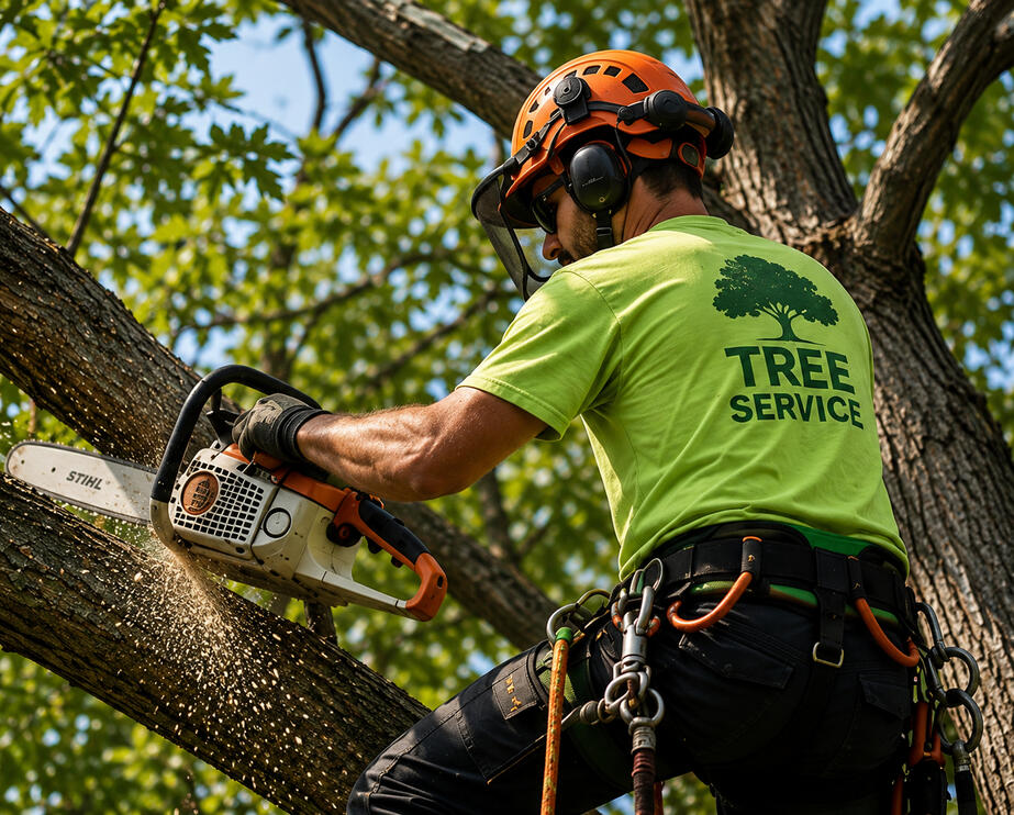 Tree service professional trimming a tree